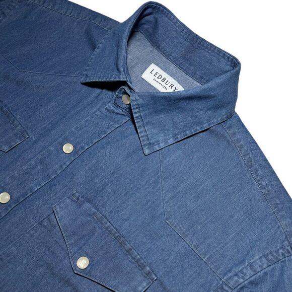 Ledbury Denim Blue Charlap Western Shirt Pearl Snap Sz 16 Tailored Fit M-L - Picture 2 of 12